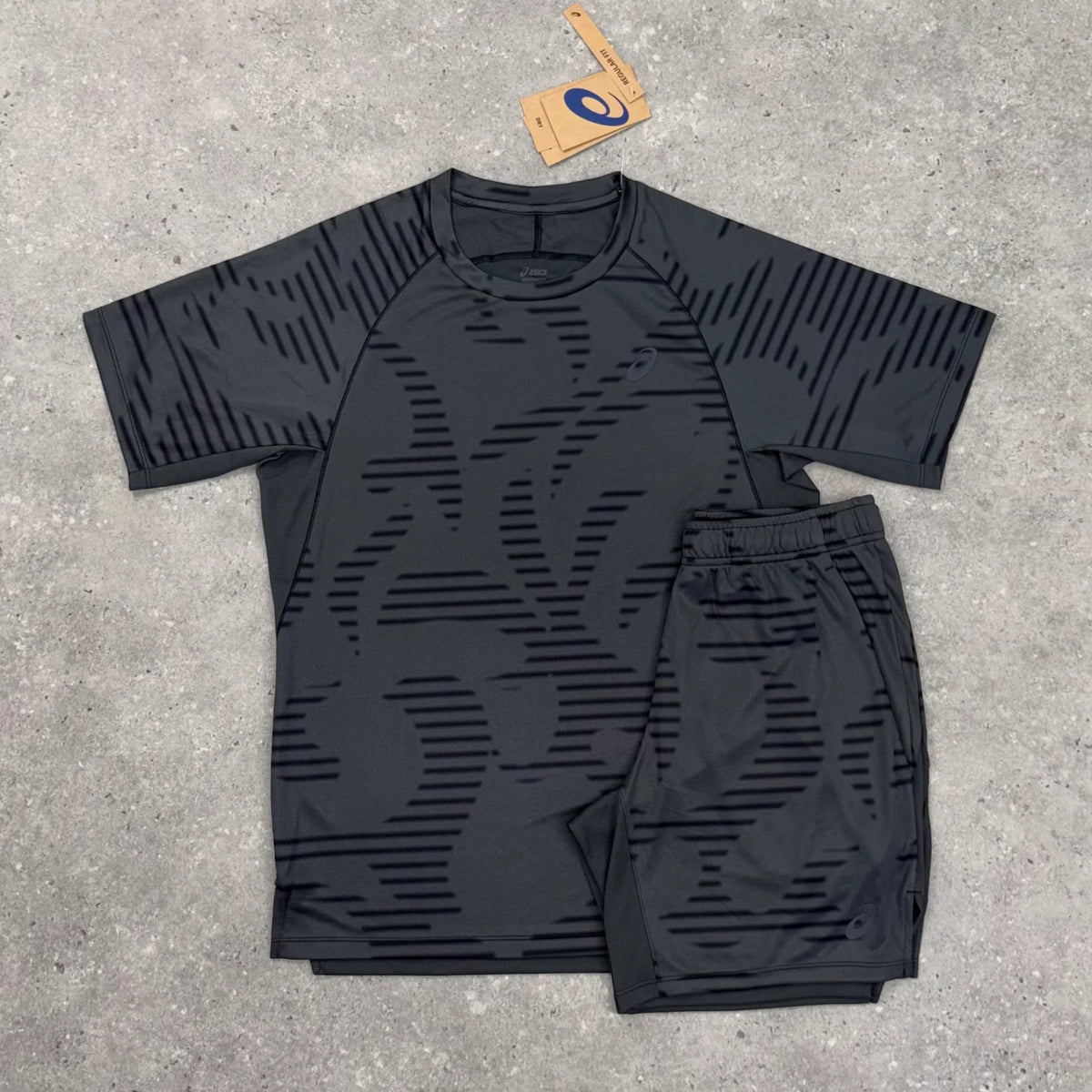 ASICS ALL OVER T-SHIRT & SHORT SET - GRAPHITE / BLACK