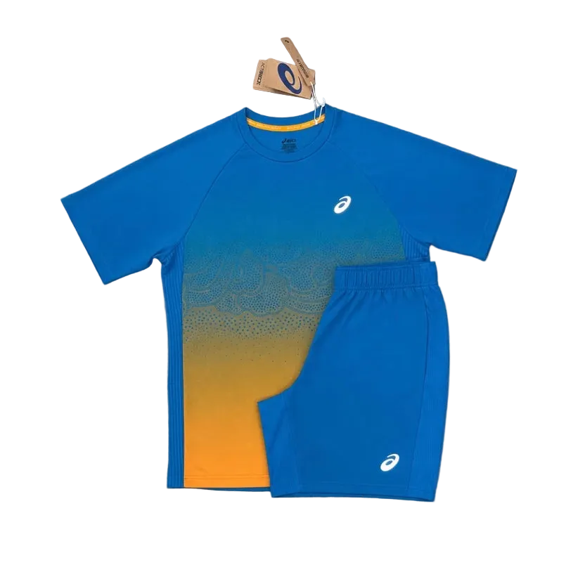 ASICS ROAD FADE T-SHIRT & SHORT SET - YAMABUKI ORANGE / AEGEAN BLUE