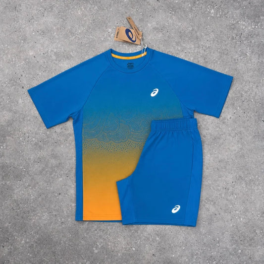 ASICS ROAD FADE T-SHIRT & SHORT SET - YAMABUKI ORANGE / AEGEAN BLUE