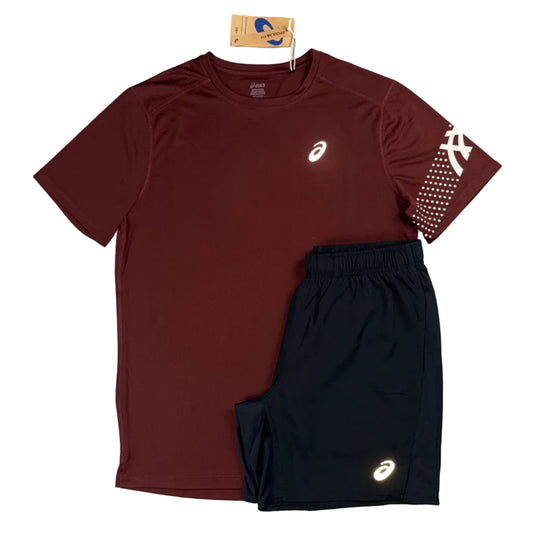 ASICS ICON T-SHIRT & SHORTS SET - DARK RED/BLACK