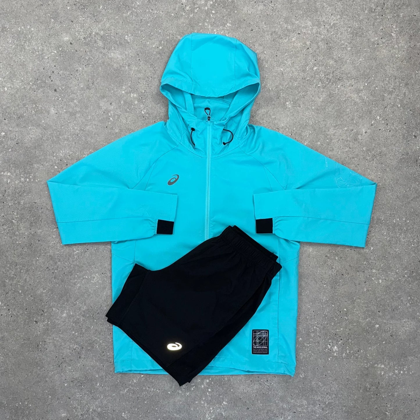 ASICS SPIRAL WINDRUNNER JACKET & SHORT SET - ENERGY AQUA / BLACK