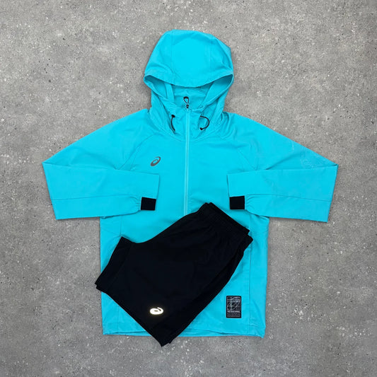 ASICS SPIRAL WINDRUNNER JACKET & SHORT SET - ENERGY AQUA / BLACK