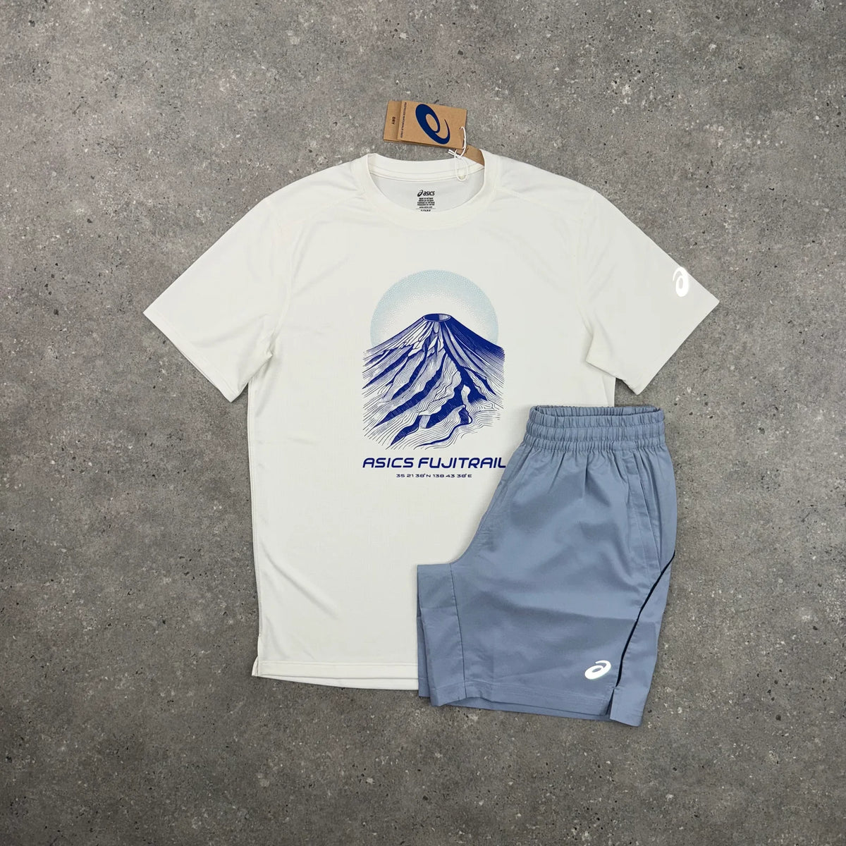 ASICS FUJITRAIL T-SHIRT & SHORTS SET - CREAM COLBALT / LIGHT GREY